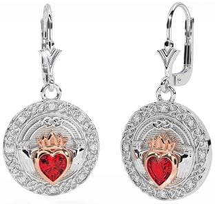 Diamond Ruby White Rose Gold Celtic Claddagh Dangle Earrings