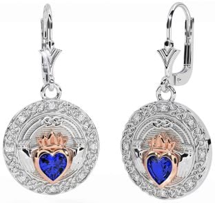 Diamant Saphir Blanc Rose Or celtique Claddagh Pendre Des boucles d'oreilles