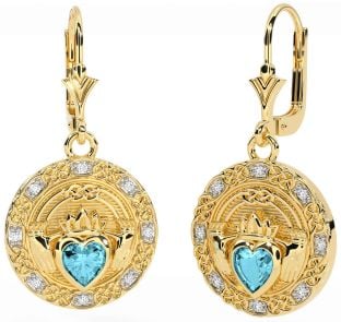 Diamond Aquamarine Gold Celtic Claddagh Dangle Earrings