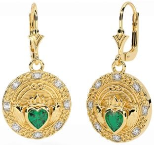 Diamond Emerald Gold Celtic Claddagh Dangle Earrings