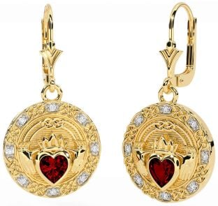 Diamond Garnet Gold Celtic Claddagh Dangle Earrings