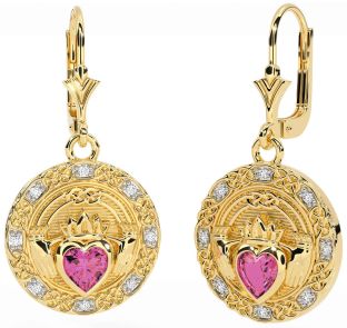 Diamond Pink Tourmaline Gold Celtic Claddagh Dangle Earrings
