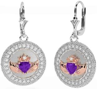 Diamond Amethyst Rose Gold Silver Claddagh Celtic Trinity Knot Dangle Earrings