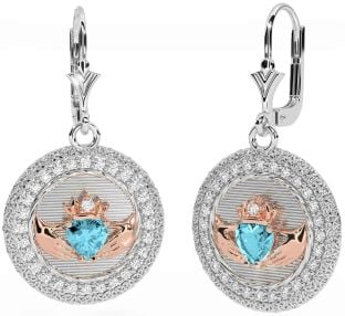 Diamond Aquamarine Rose Gold Silver Claddagh Celtic Trinity Knot Dangle Earrings