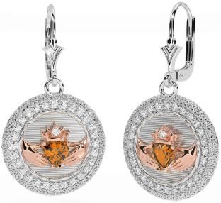 Diamond Citrine Rose Gold Silver Claddagh Celtic Trinity Knot Dangle Earrings