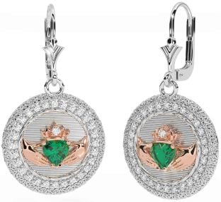 Diamond Emerald Rose Gold Silver Claddagh Celtic Trinity Knot Dangle Earrings