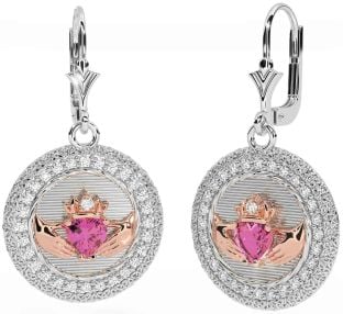 Diamante Rosa Turmalina Rosa Ouro Prata Claddagh céltico Trindade Nó Pendurar Brincos