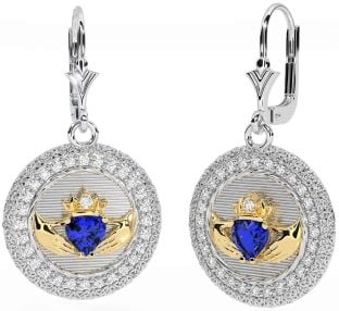 Diamond Sapphire Gold Silver Claddagh Celtic Trinity Knot Dangle Earrings