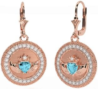 Diamond Aquamarine Rose Gold Silver Claddagh Celtic Trinity Knot Dangle Earrings