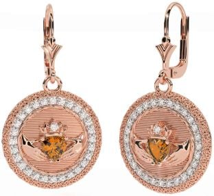 Diamant Citrin Rose Gold Silber Claddagh keltisch Dreieinigkeit Knoten Baumeln Ohrringe