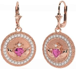 Diamante Rosa Turmalina Rosa Ouro Prata Claddagh céltico Trindade Nó Pendurar Brincos