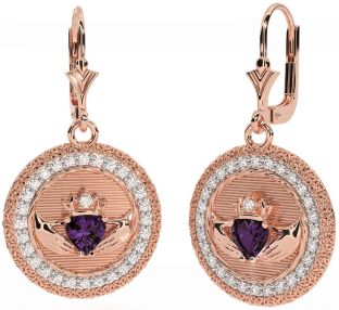 Diamant Alexandrite Rose Or Claddagh celtique Trinité Noeud Pendre Des boucles d'oreilles