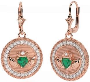 Diamond Emerald Rose Gold Claddagh Celtic Trinity Knot Dangle Earrings