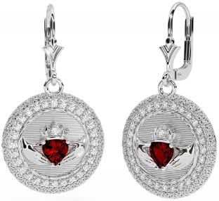 Diamond Garnet Silver Claddagh Celtic Trinity Knot Dangle Earrings