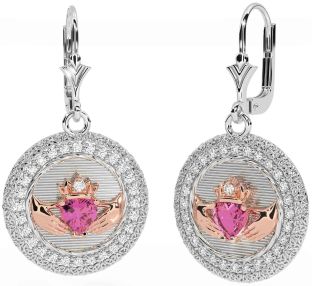 Diamant Rose Tourmalines Rose Or Argent Claddagh celtique Trinité Noeud Pendre Des boucles d'oreilles