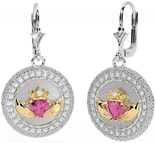 Diamant Rosa Turmalin Gold Silber Claddagh keltisch Dreieinigkeit Knoten Baumeln Ohrringe