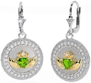 Diamond Peridot Gold Silver Claddagh Celtic Trinity Knot Dangle Earrings