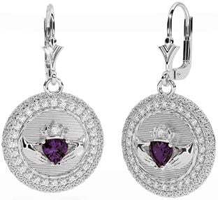 Diamant Alexandrite Blanc Or Claddagh celtique Trinité Noeud Pendre Des boucles d'oreilles