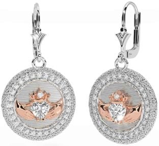 Diamond White Rose Gold Claddagh Celtic Trinity Knot Dangle Earrings