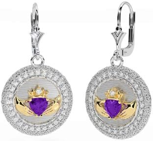 Diamond Amethyst White Yellow Gold Claddagh Celtic Trinity Knot Dangle Earrings