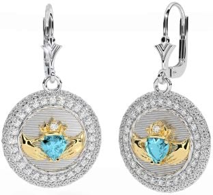 Diamond Aquamarine White Yellow Gold Claddagh Celtic Trinity Knot Dangle Earrings