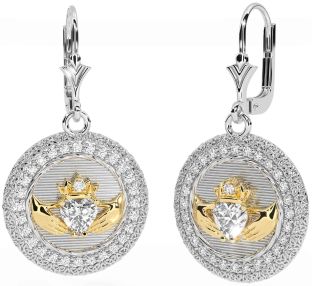 Diamant Weiß Gelb Gold Claddagh keltisch Dreieinigkeit Knoten Baumeln Ohrringe