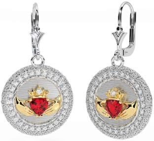 Diamond Ruby White Yellow Gold Claddagh Celtic Trinity Knot Dangle Earrings