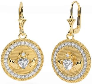 Diamond Gold Claddagh Celtic Trinity Knot Dangle Earrings