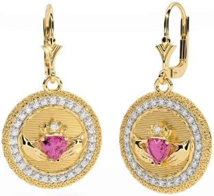 Diamond Pink Tourmaline Gold Claddagh Celtic Trinity Knot Dangle Earrings