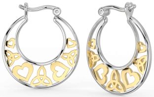 White Yellow Gold Celtic Trinity Knot Heart Hoop Earrings