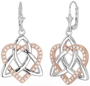 Diamond Rose Gold Silver Celtic Trinity Knot Heart Dangle Earrings