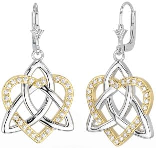 Diamond Gold Silver Celtic Trinity Knot Heart Dangle Earrings