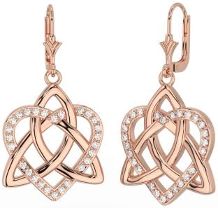 Diamond Rose Gold Silver Celtic Trinity Knot Heart Dangle Earrings