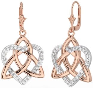 Diamond Rose Gold Silver Celtic Trinity Knot Heart Dangle Earrings