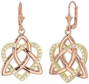 Diamond Rose Yellow Gold & Silver Celtic Trinity Knot Heart Dangle Earrings