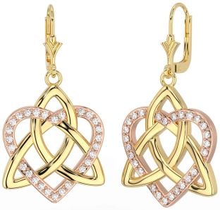 Diamond Rose Yellow Gold & Silver Celtic Trinity Knot Heart Dangle Earrings