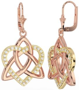 Diamond Rose Yellow Gold Celtic Trinity Knot Heart Dangle Earrings