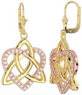 Diamond Rose Yellow Gold Celtic Trinity Knot Heart Dangle Earrings