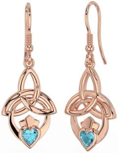 Aquamarine Rose Gold Silver Claddagh Celtic Trinity Knot Dangle Earrings