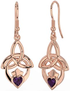 Alexandrite Rose Gold Silver Claddagh Celtic Trinity Knot Dangle Earrings