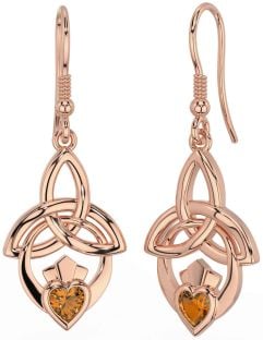 Citrine Rose Gold Silver Claddagh Celtic Trinity Knot Dangle Earrings