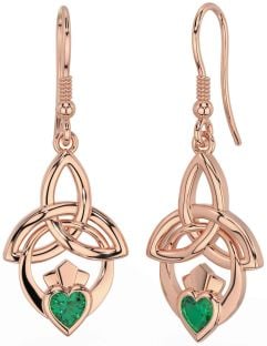 Emerald Rose Gold Silver Claddagh Celtic Trinity Knot Dangle Earrings