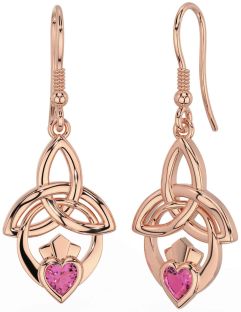 Pink Tourmaline Rose Gold Silver Claddagh Celtic Trinity Knot Dangle Earrings