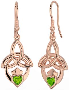 Peridot Rose Gold Silver Claddagh Celtic Trinity Knot Dangle Earrings