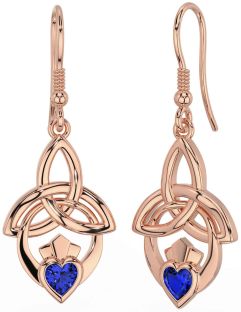 Sapphire Rose Gold Silver Claddagh Celtic Trinity Knot Dangle Earrings