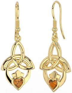 Citrine Gold Silver Claddagh Celtic Trinity Knot Dangle Earrings