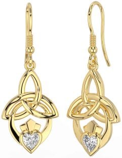 Diamond Gold Silver Claddagh Celtic Trinity Knot Dangle Earrings