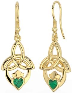 Emerald Gold Silver Claddagh Celtic Trinity Knot Dangle Earrings