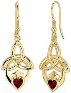 Garnet Gold Silver Claddagh Celtic Trinity Knot Dangle Earrings