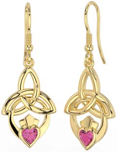 Pink Tourmaline Gold Silver Claddagh Celtic Trinity Knot Dangle Earrings